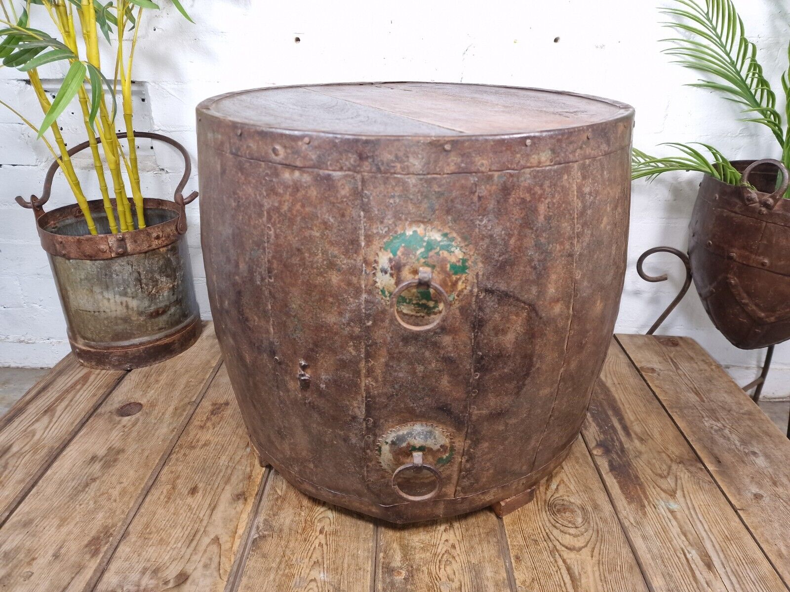 Vintage Reclaimed Galvanised Riveted Metal Barrel Drum Coffee Side Table