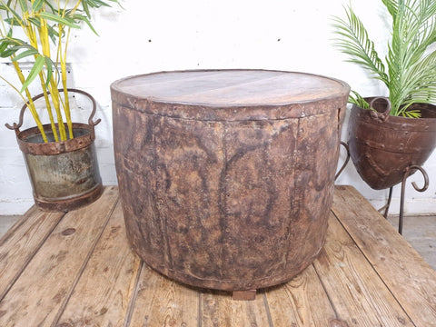 Vintage Reclaimed Galvanised Riveted Metal Barrel Drum Coffee Side Table