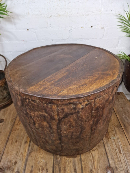 Vintage Reclaimed Galvanised Riveted Metal Barrel Drum Coffee Side Table