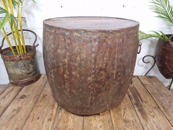 Vintage Reclaimed Galvanised Riveted Metal Barrel Drum Coffee Side Table