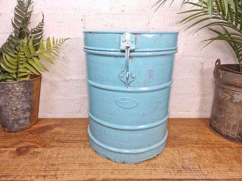 Vintage Indian Industrial Galvanised Metal Rice Grain Storage Drum Bin Cannister