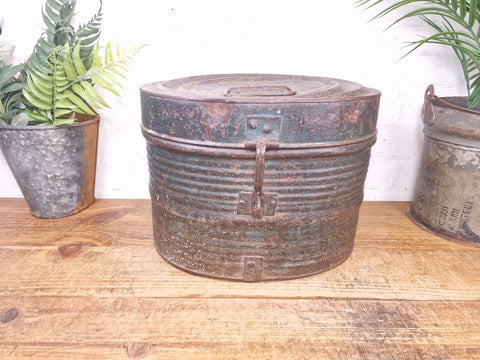 Vintage Indian Industrial Galvanised Metal Hat Box Storage Drum Bin Cannister