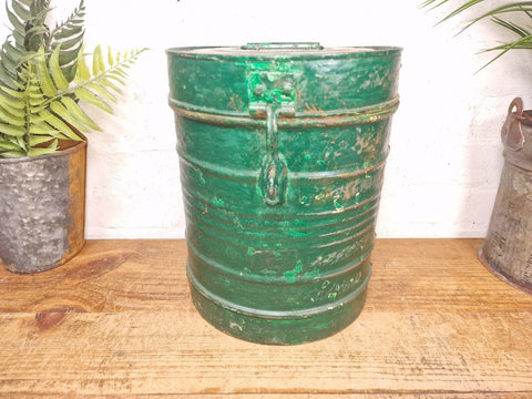 Vintage Indian Industrial Galvanised Metal Rice Grain Storage Drum Bin Cannister