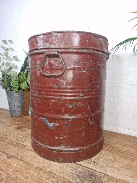 Vintage Indian Industrial Galvanised Metal Rice Grain Storage Drum Bin Cannister