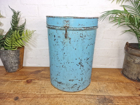 Vintage Indian Industrial Galvanised Metal Rice Grain Storage Drum Bin Cannister