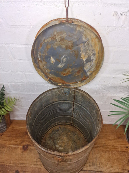 Vintage Indian Industrial Galvanised Metal Rice Grain Storage Drum Bin Cannister