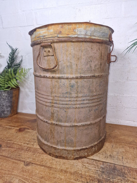 Vintage Indian Industrial Galvanised Metal Rice Grain Storage Drum Bin Cannister