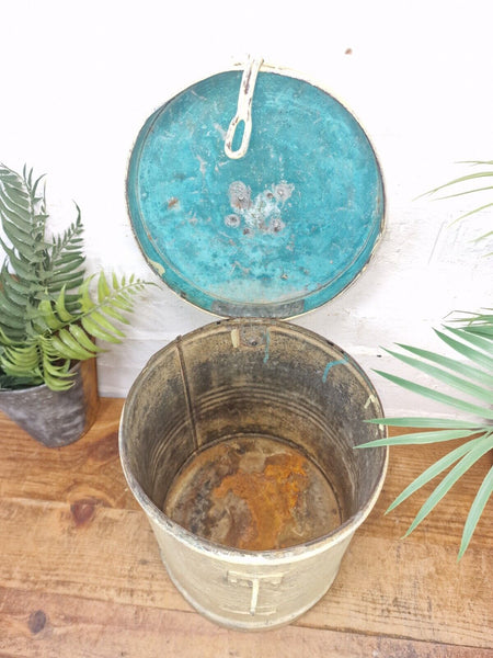 Vintage Indian Industrial Galvanised Metal Rice Grain Storage Drum Bin Cannister