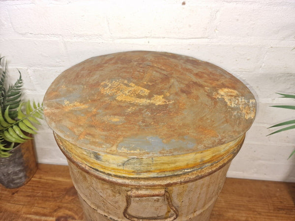 Vintage Indian Industrial Galvanised Metal Rice Grain Storage Drum Bin Cannister