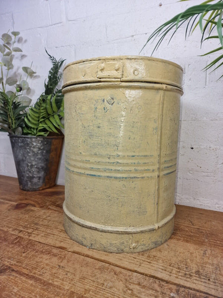 Vintage Indian Industrial Galvanised Metal Rice Grain Storage Drum Bin Cannister