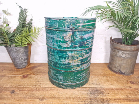 Vintage Indian Industrial Galvanised Metal Rice Grain Storage Drum Bin Cannister