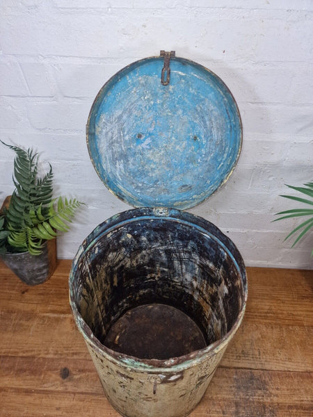 Vintage Indian Industrial Galvanised Metal Rice Grain Storage Drum Bin Cannister