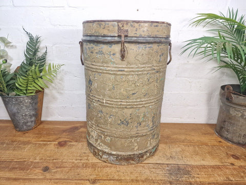 Vintage Indian Industrial Galvanised Metal Rice Grain Storage Drum Bin Cannister