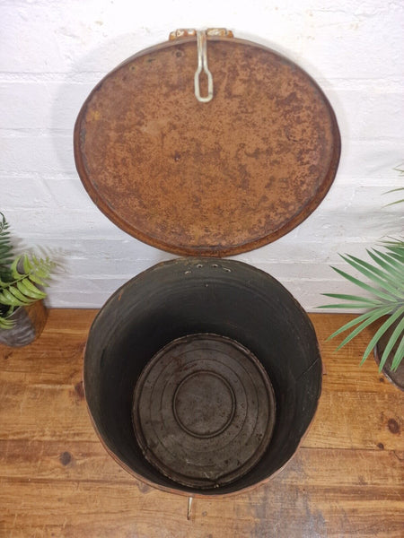 Vintage Indian Industrial Galvanised Metal Rice Grain Storage Drum Bin Cannister