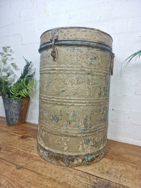 Vintage Indian Industrial Galvanised Metal Rice Grain Storage Drum Bin Cannister