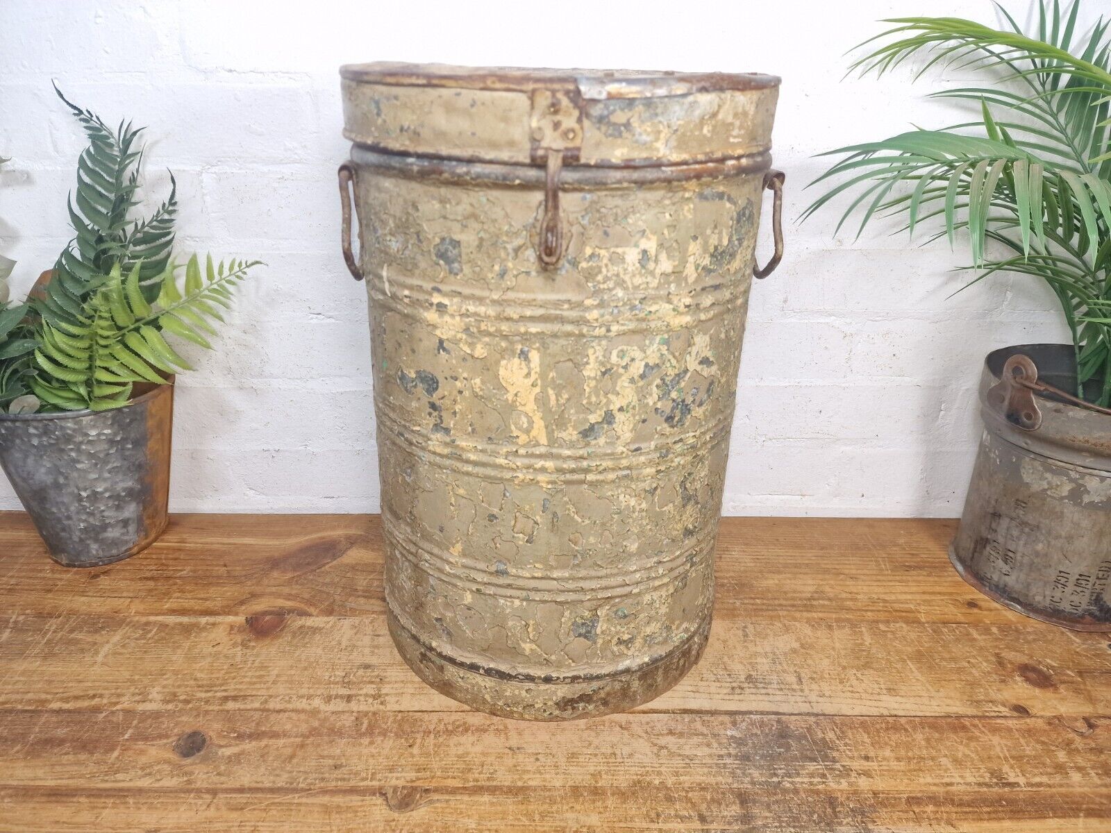 Vintage Indian Industrial Galvanised Metal Rice Grain Storage Drum Bin Cannister