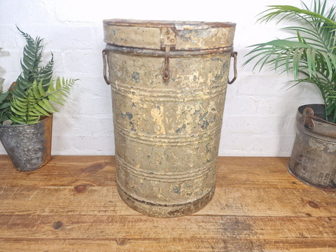 Vintage Indian Industrial Galvanised Metal Rice Grain Storage Drum Bin Cannister