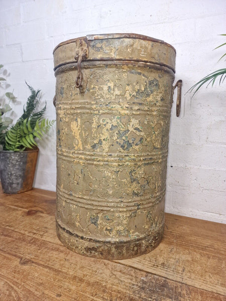Vintage Indian Industrial Galvanised Metal Rice Grain Storage Drum Bin Cannister