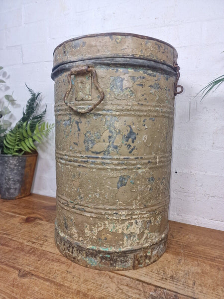 Vintage Indian Industrial Galvanised Metal Rice Grain Storage Drum Bin Cannister