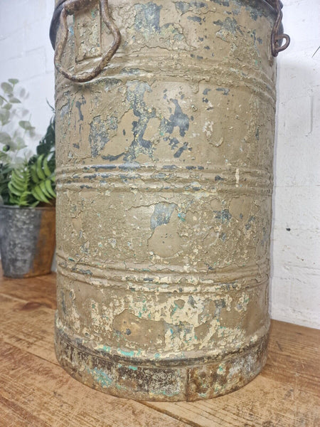 Vintage Indian Industrial Galvanised Metal Rice Grain Storage Drum Bin Cannister