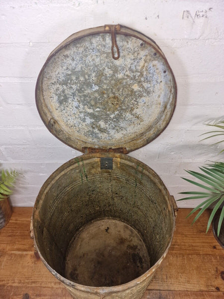 Vintage Indian Industrial Galvanised Metal Rice Grain Storage Drum Bin Cannister