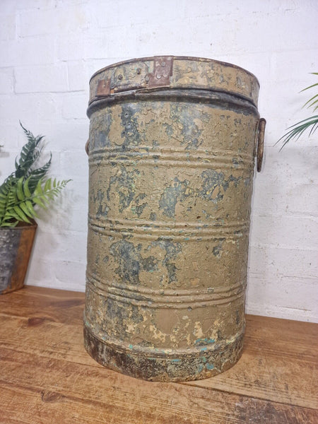 Vintage Indian Industrial Galvanised Metal Rice Grain Storage Drum Bin Cannister