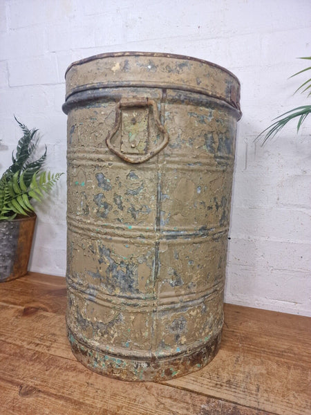Vintage Indian Industrial Galvanised Metal Rice Grain Storage Drum Bin Cannister