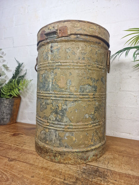 Vintage Indian Industrial Galvanised Metal Rice Grain Storage Drum Bin Cannister