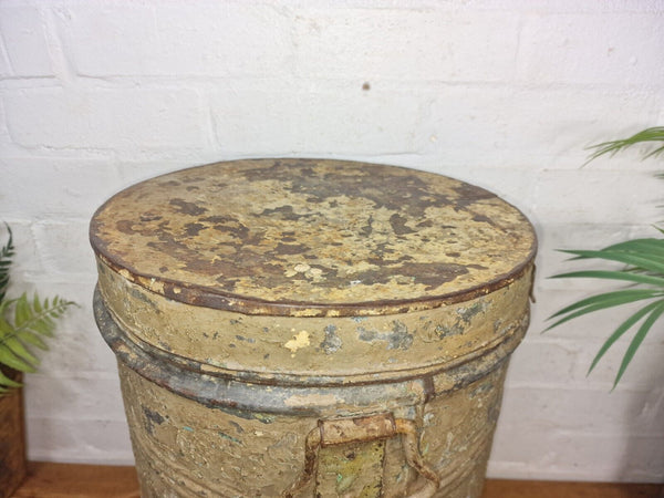 Vintage Indian Industrial Galvanised Metal Rice Grain Storage Drum Bin Cannister