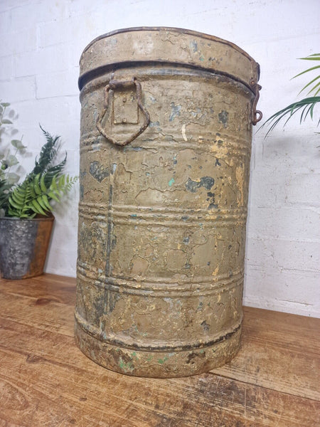 Vintage Indian Industrial Galvanised Metal Rice Grain Storage Drum Bin Cannister