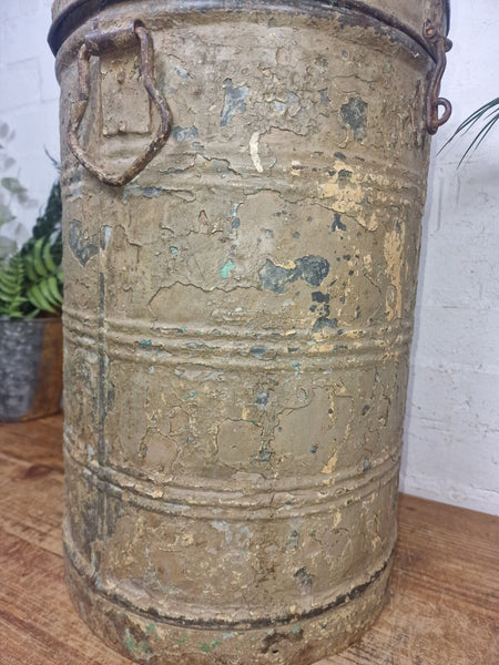 Vintage Indian Industrial Galvanised Metal Rice Grain Storage Drum Bin Cannister
