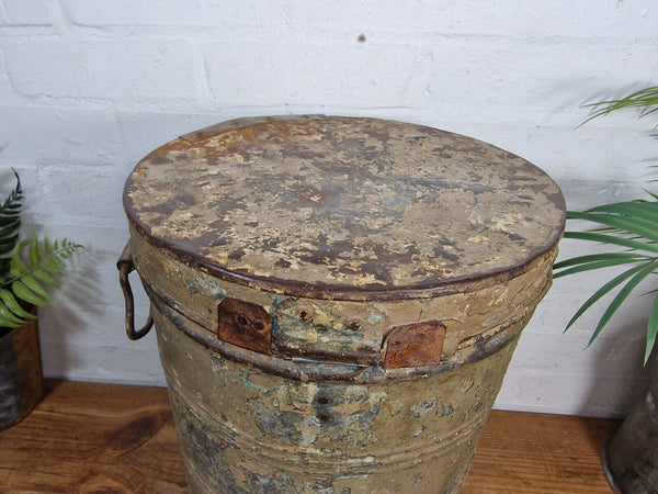 Vintage Indian Industrial Galvanised Metal Rice Grain Storage Drum Bin Cannister
