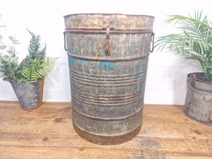 Vintage Indian Industrial Galvanised Metal Rice Grain Storage Drum Bin Cannister