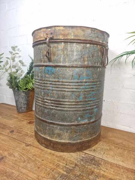 Vintage Indian Industrial Galvanised Metal Rice Grain Storage Drum Bin Cannister
