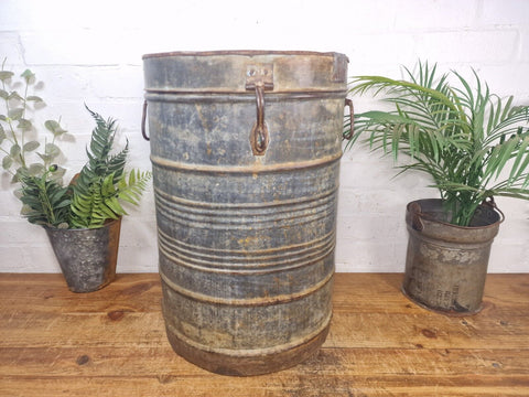 Vintage Indian Industrial Galvanised Metal Rice Grain Storage Drum Bin Cannister