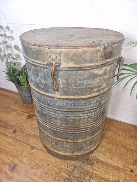 Vintage Indian Industrial Galvanised Metal Rice Grain Storage Drum Bin Cannister