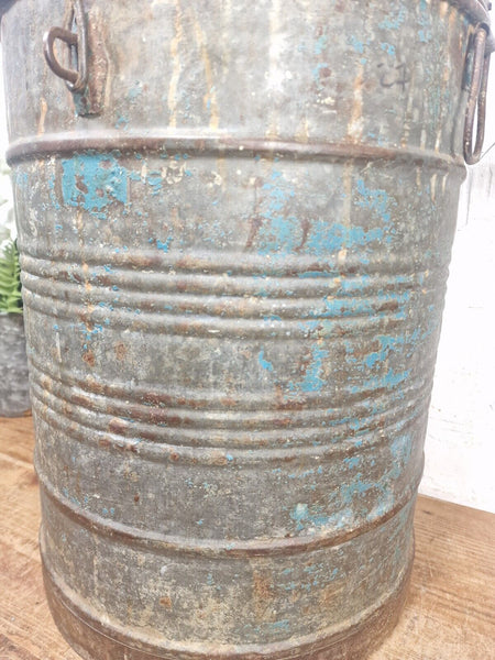 Vintage Indian Industrial Galvanised Metal Rice Grain Storage Drum Bin Cannister