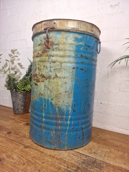 Vintage Indian Industrial Galvanised Metal Rice Grain Storage Drum Bin Cannister
