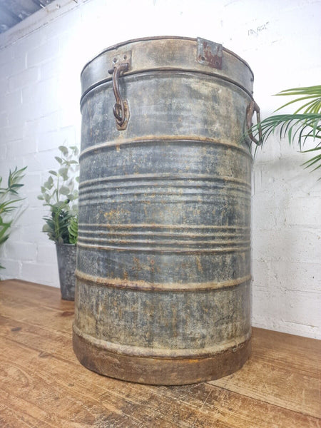 Vintage Indian Industrial Galvanised Metal Rice Grain Storage Drum Bin Cannister