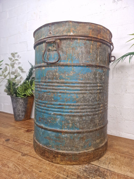 Vintage Indian Industrial Galvanised Metal Rice Grain Storage Drum Bin Cannister