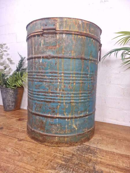 Vintage Indian Industrial Galvanised Metal Rice Grain Storage Drum Bin Cannister