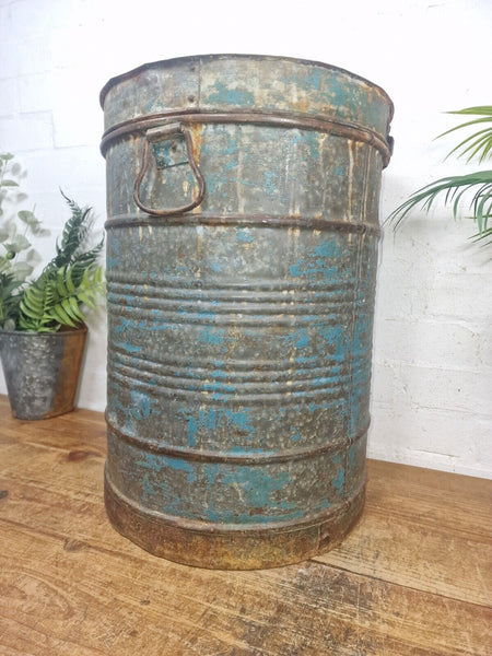 Vintage Indian Industrial Galvanised Metal Rice Grain Storage Drum Bin Cannister