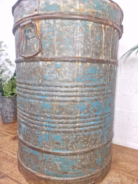 Vintage Indian Industrial Galvanised Metal Rice Grain Storage Drum Bin Cannister