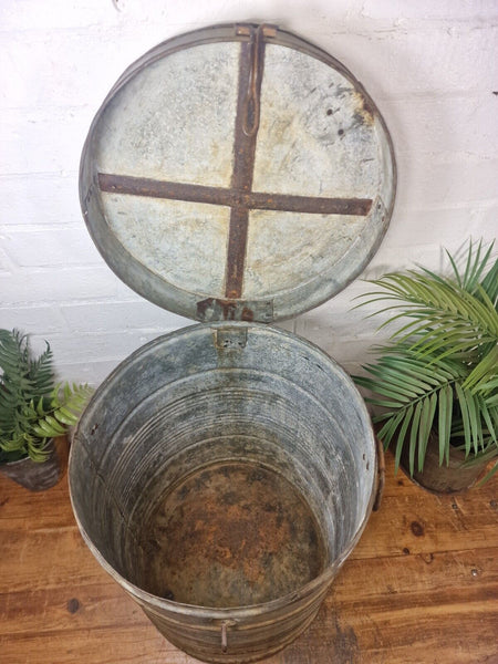 Vintage Indian Industrial Galvanised Metal Rice Grain Storage Drum Bin Cannister