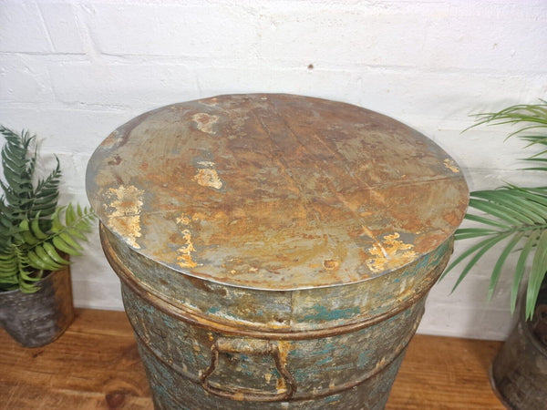 Vintage Indian Industrial Galvanised Metal Rice Grain Storage Drum Bin Cannister