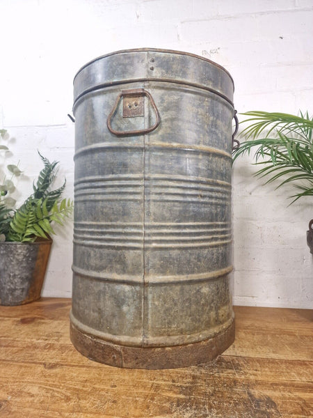 Vintage Indian Industrial Galvanised Metal Rice Grain Storage Drum Bin Cannister