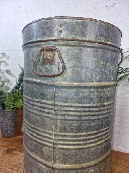 Vintage Indian Industrial Galvanised Metal Rice Grain Storage Drum Bin Cannister