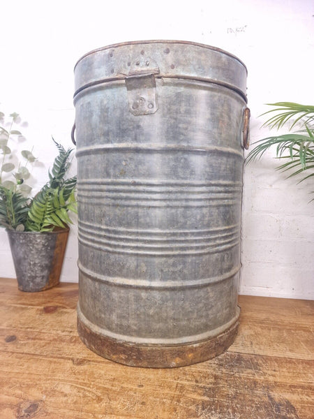 Vintage Indian Industrial Galvanised Metal Rice Grain Storage Drum Bin Cannister
