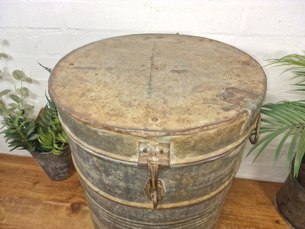 Vintage Indian Industrial Galvanised Metal Rice Grain Storage Drum Bin Cannister