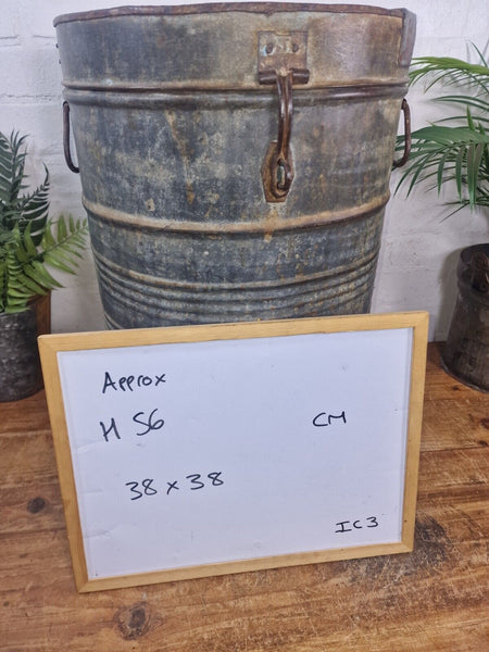 Vintage Indian Industrial Galvanised Metal Rice Grain Storage Drum Bin Cannister